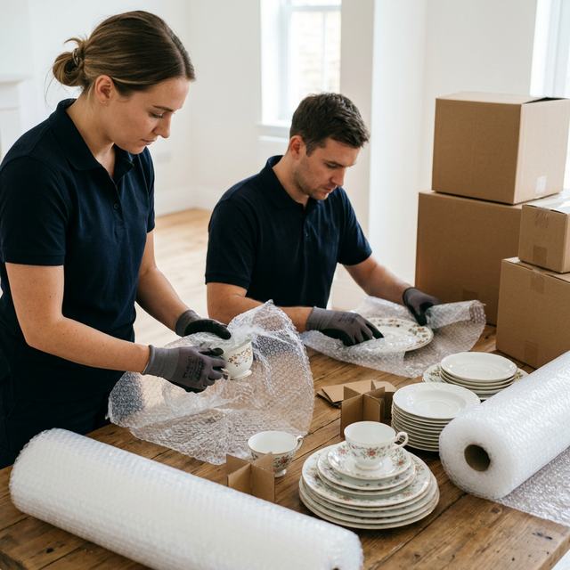 Emballage soigné de vaisselle fine avec papier bulle